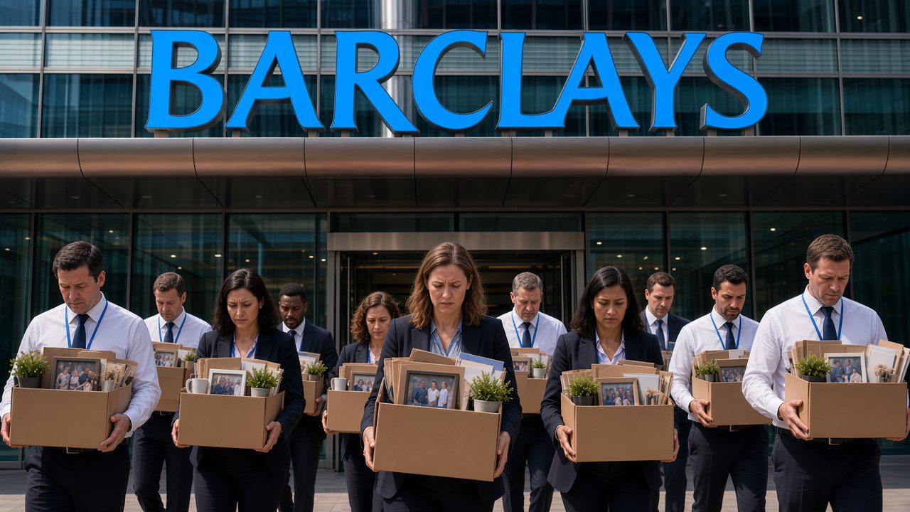 Diverse group of young male and female bank employees (white, Black and brown) carrying cardboard boxes of personal belongings as they exit a modern Barclays building after being laid of