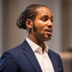 Jason Arday, a Black man with cornrow braids pulled into a low bun and a short beard, wearing a navy blue blazer over a white open-collar shirt, speaking in a professional setting.