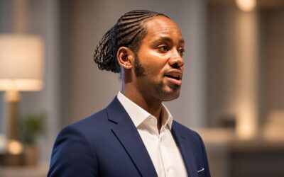 Jason Arday, a Black man with cornrow braids pulled into a low bun and a short beard, wearing a navy blue blazer over a white open-collar shirt, speaking in a professional setting.
