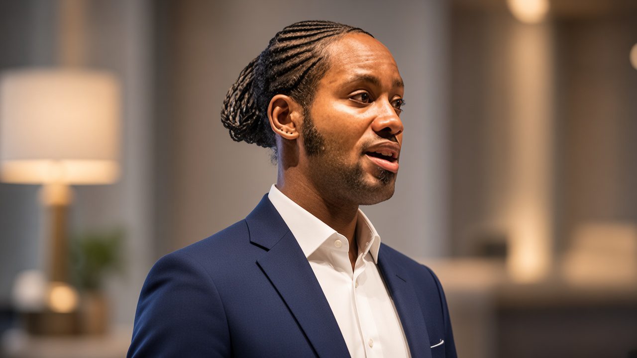 Jason Arday, a Black man with cornrow braids pulled into a low bun and a short beard, wearing a navy blue blazer over a white open-collar shirt, speaking in a professional setting.