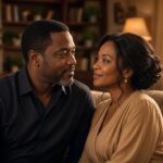 Bisi and Tunde seated together in their living room, facing one another on a sofa beside a fireplace in a warmly lit home setting.