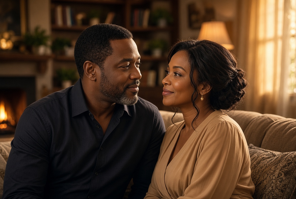 Bisi and Tunde seated together in their living room, facing one another on a sofa beside a fireplace in a warmly lit home setting.