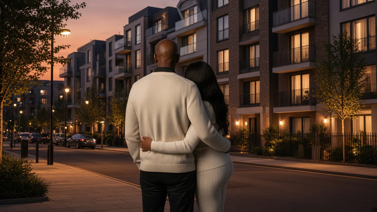 Sola and Peter stand close together on the lower ground level of a London flat, embracing as daylight illuminates the brick façade behind them. Their cream outfits contrast softly with the warm tones of the building