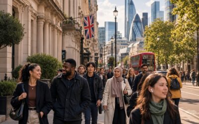 Commuters walking along a busy London street with historic buildings, a British flag and the Gherkin visible in the background.