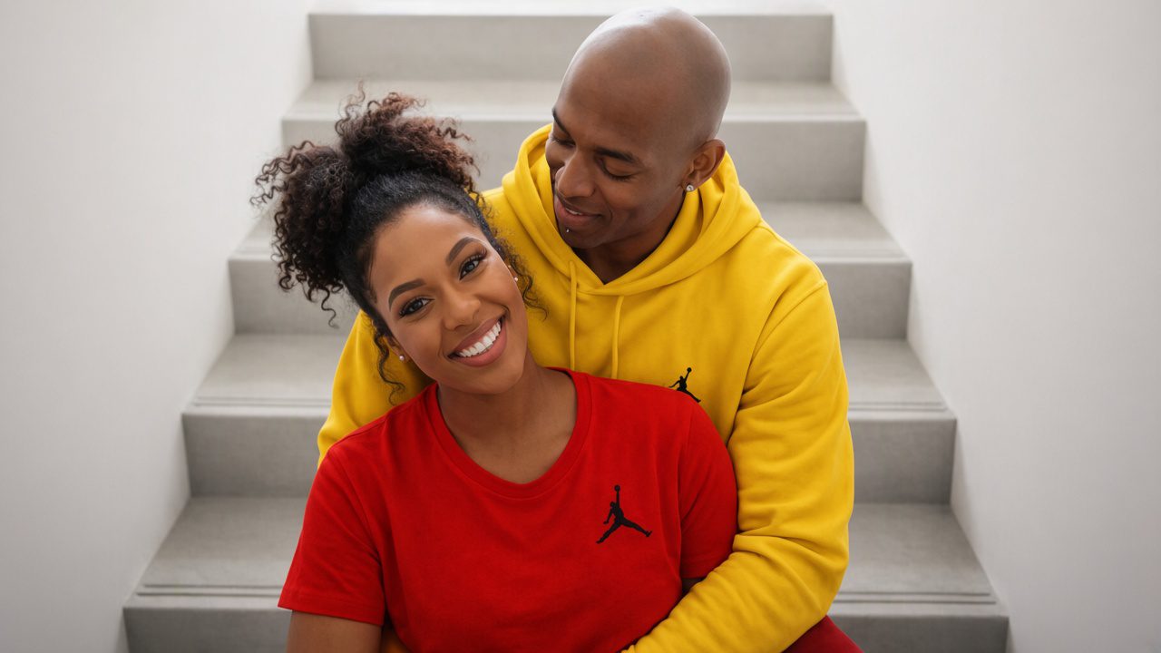 Sola and Peter smiling together on the stairs in their South London home. Sola wears a red Air Jordan t-shirt, Peter wears a yellow hoodie.